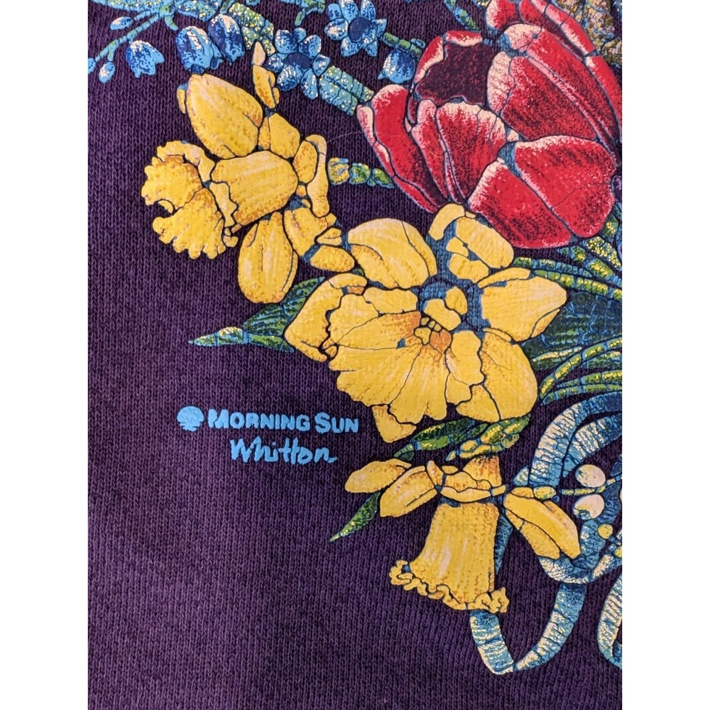 Vtg MORNING SUN 3D Floral Granny Sweatshirt Womens L Purple Pullover Crewneck - Picture 4 of 9